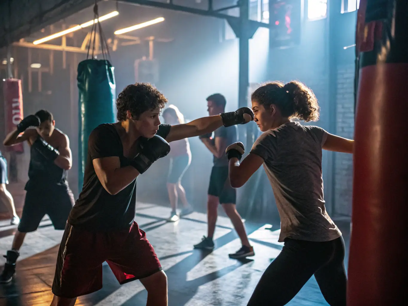 An experienced fighter executing a high-intensity kickboxing move during a sparring session with a coach observing, highlighting the intensity and personalized coaching in the advanced competitive training program at IronStrike Kickboxing Academy.