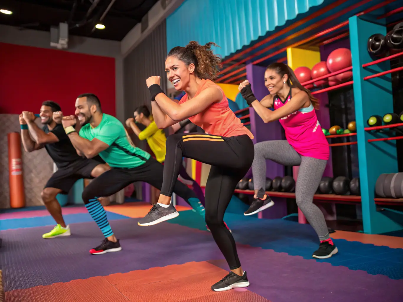 A group of children practicing kicks and punches with a cheerful instructor in a colorful gym, emphasizing the fun and engaging atmosphere of the youth kickboxing program at IronStrike Kickboxing Academy.