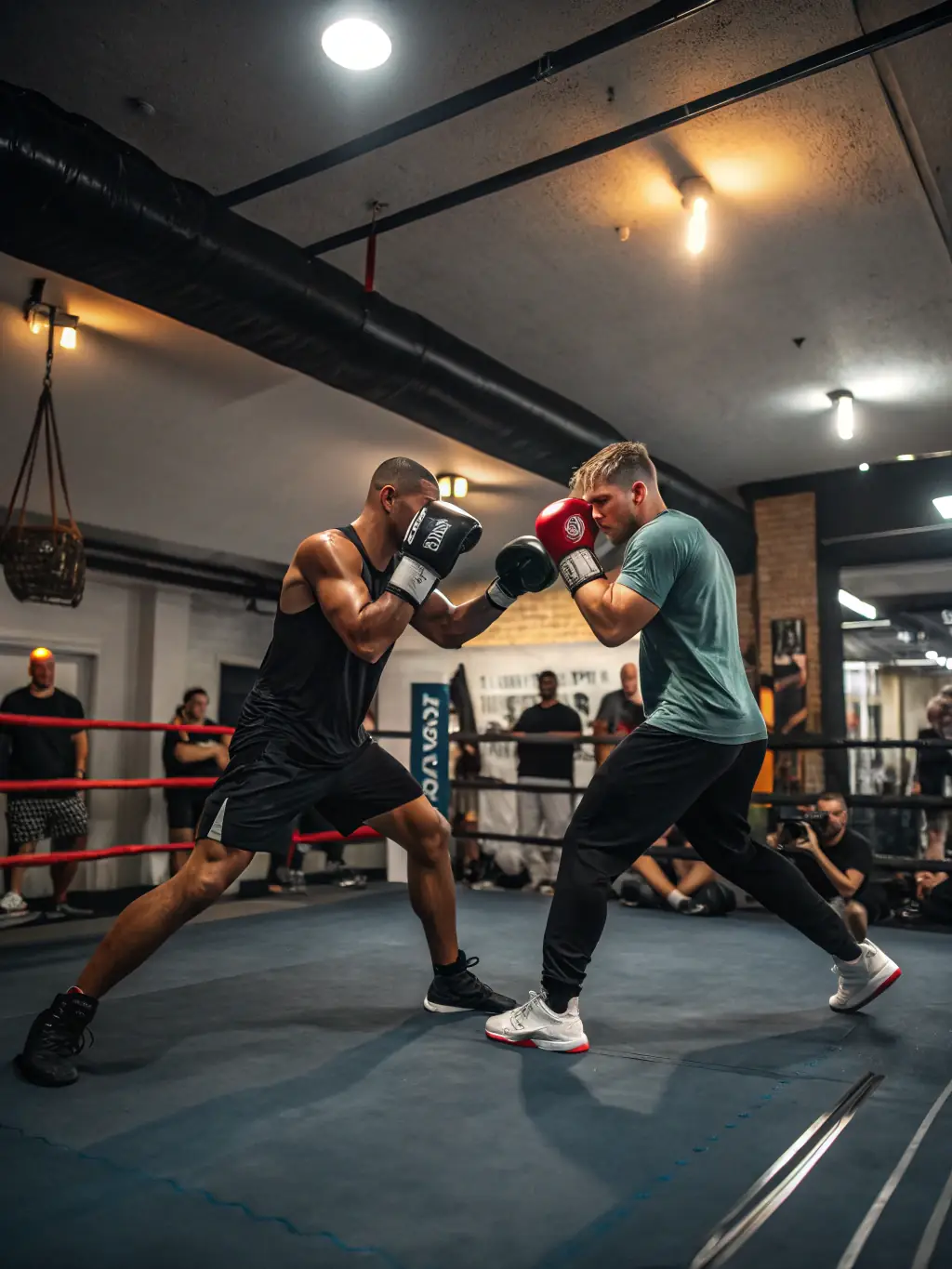 An action-packed image of an advanced sparring session at IronStrike Kickboxing Academy, showcasing intense focus, precise movements, and protective gear.