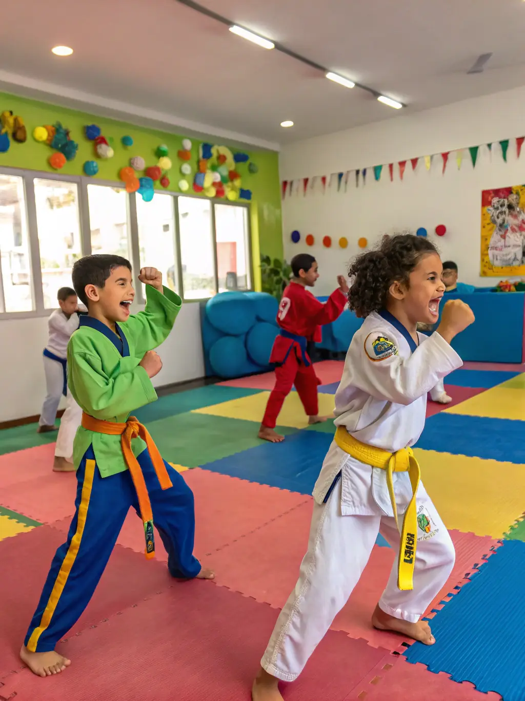 A vibrant photo of children participating in a youth kickboxing class at IronStrike Kickboxing Academy, emphasizing fun, fitness, and discipline.