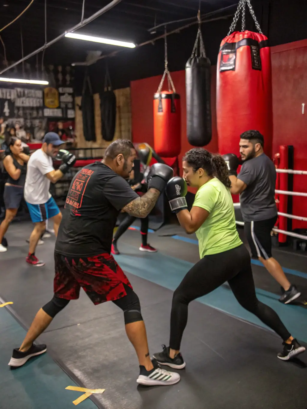 A dynamic shot of a beginner kickboxing class in session at IronStrike Kickboxing Academy, focusing on proper stance and basic punches, with diverse participants and an encouraging instructor.